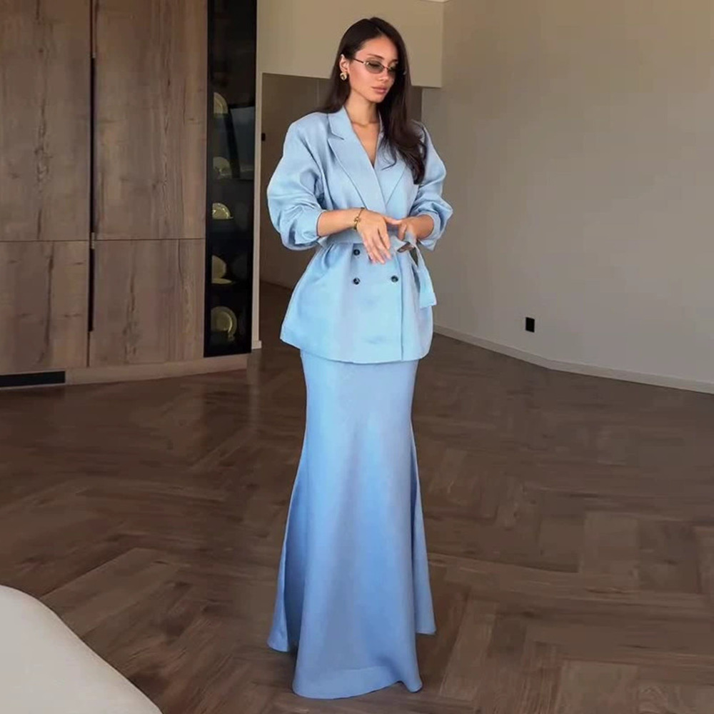 Forever 21 Belted Sky Blue Blazer and Pencil Skirt Set